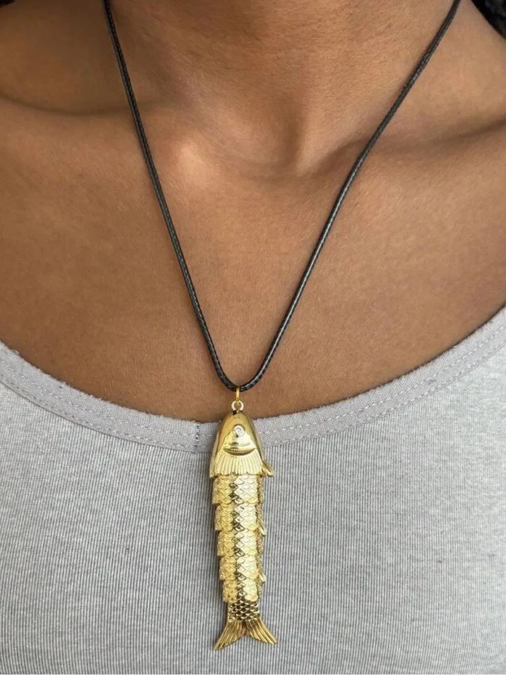 Gold Fish Pendant Necklace on Black Cord R738